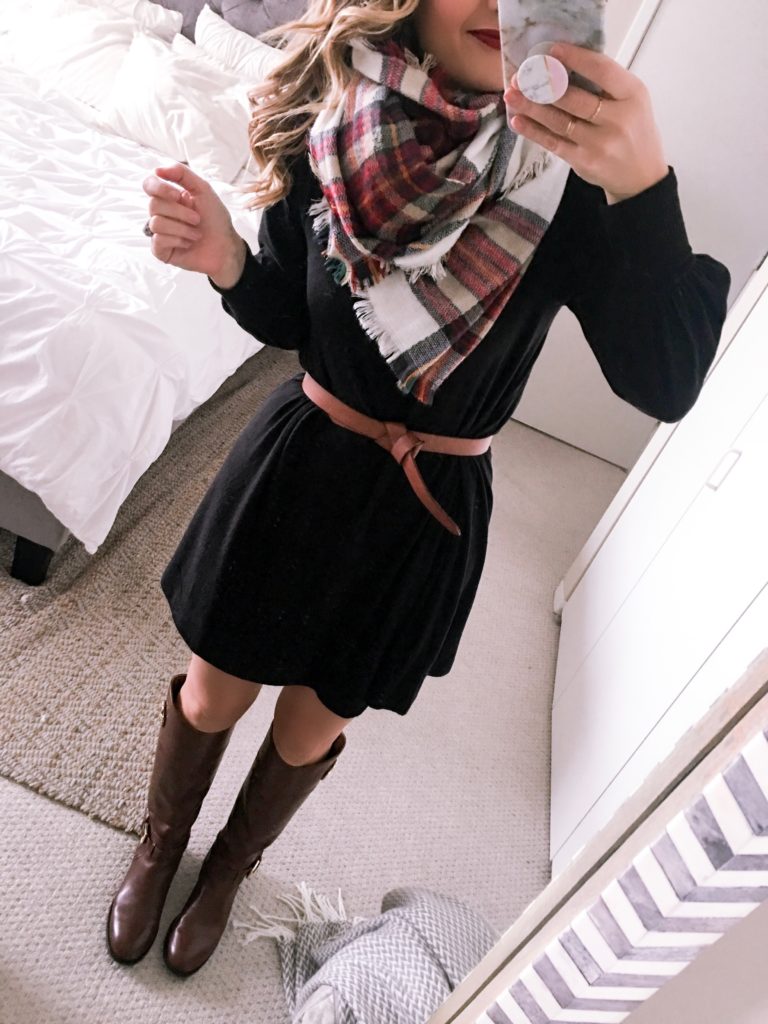 Dress, boots and scarf for Casual Friday