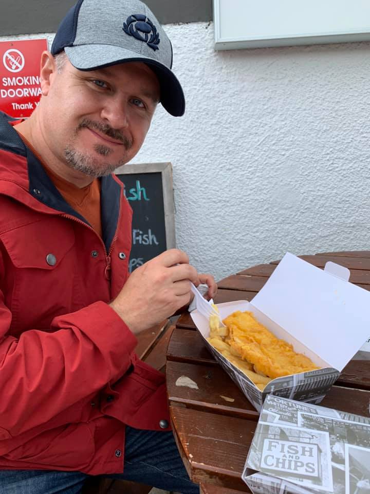 Enjoying fish and chips in Loch Ness